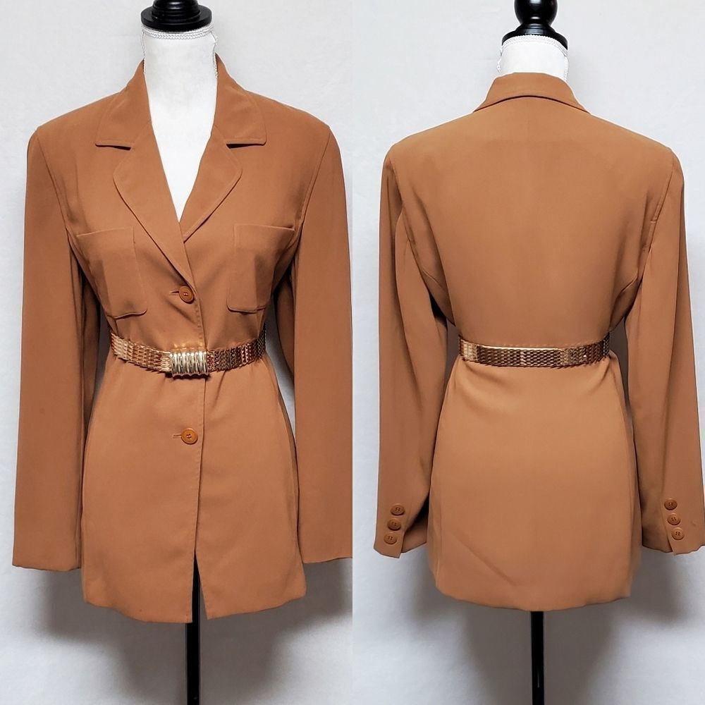 90s Vintage Jones New York Mustard Brown Notched Collar Longline Blazer 10
